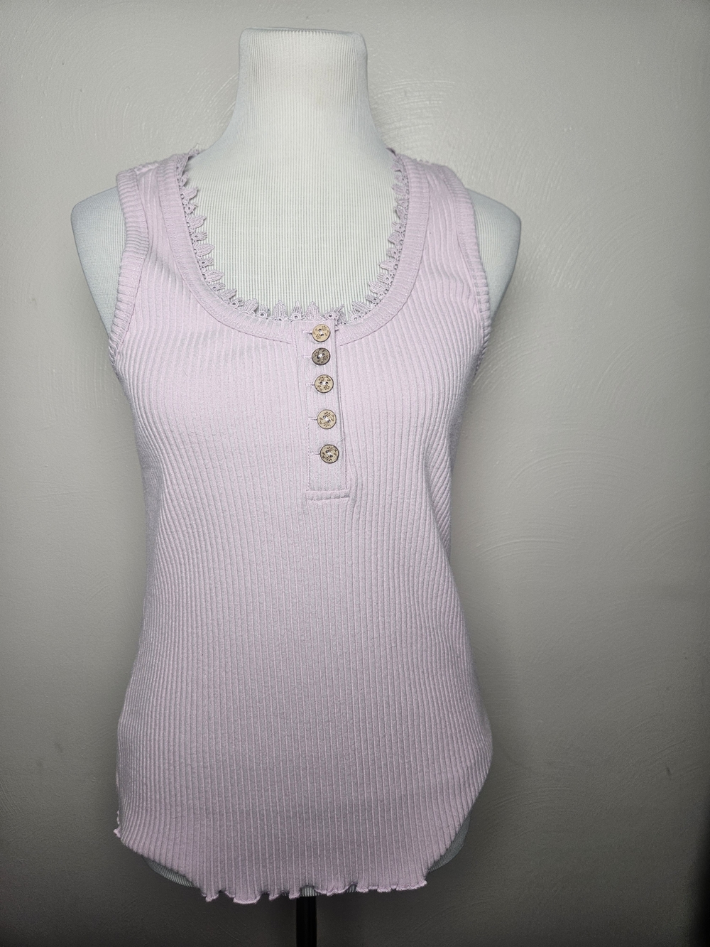 white birch Light Pink Ribbed Henley Tank with Lace Trim
